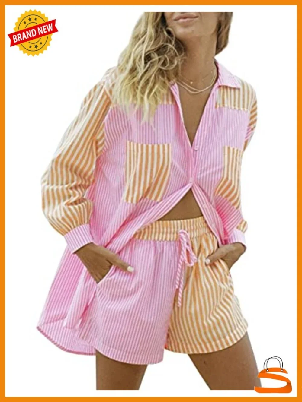Women's 2 Piece Stripe Long Sleeve Button Down Shirt and High Waisted Shorts Set